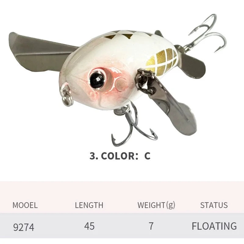 BILLINGS 1pc Floating Micro Surface Cicada Lure 45mm/7g Artificial Lures Metal-Blade Double-Hook Bait Fishing Accessories