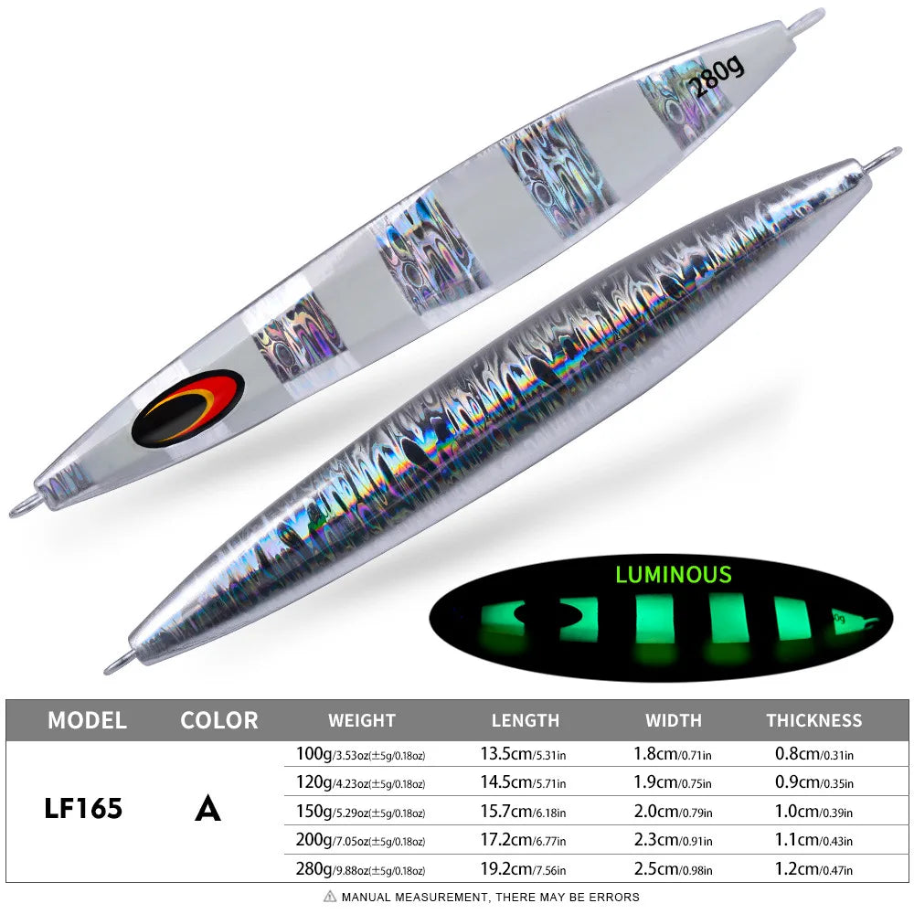 100g-280g Luminous Effect Jigging Sinking Metal Slow Jig Lure Iron Plate Fishing Hard Lure Fishing Baits Trolling Tackle FTK