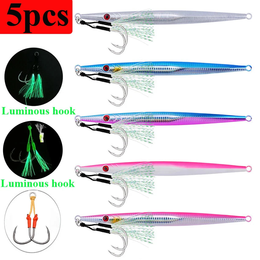 5pcs Metal Luminous Iron Plate Jig 60g-300g Sea Fishing Long Strip Quick Drawing Iron Plate Fish Fast Sinking Slow Shaking Bait